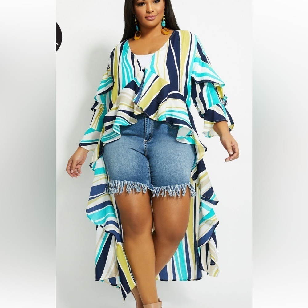Ashley Stewart Stripe Ruffle Hi-Low Duster size 18/20